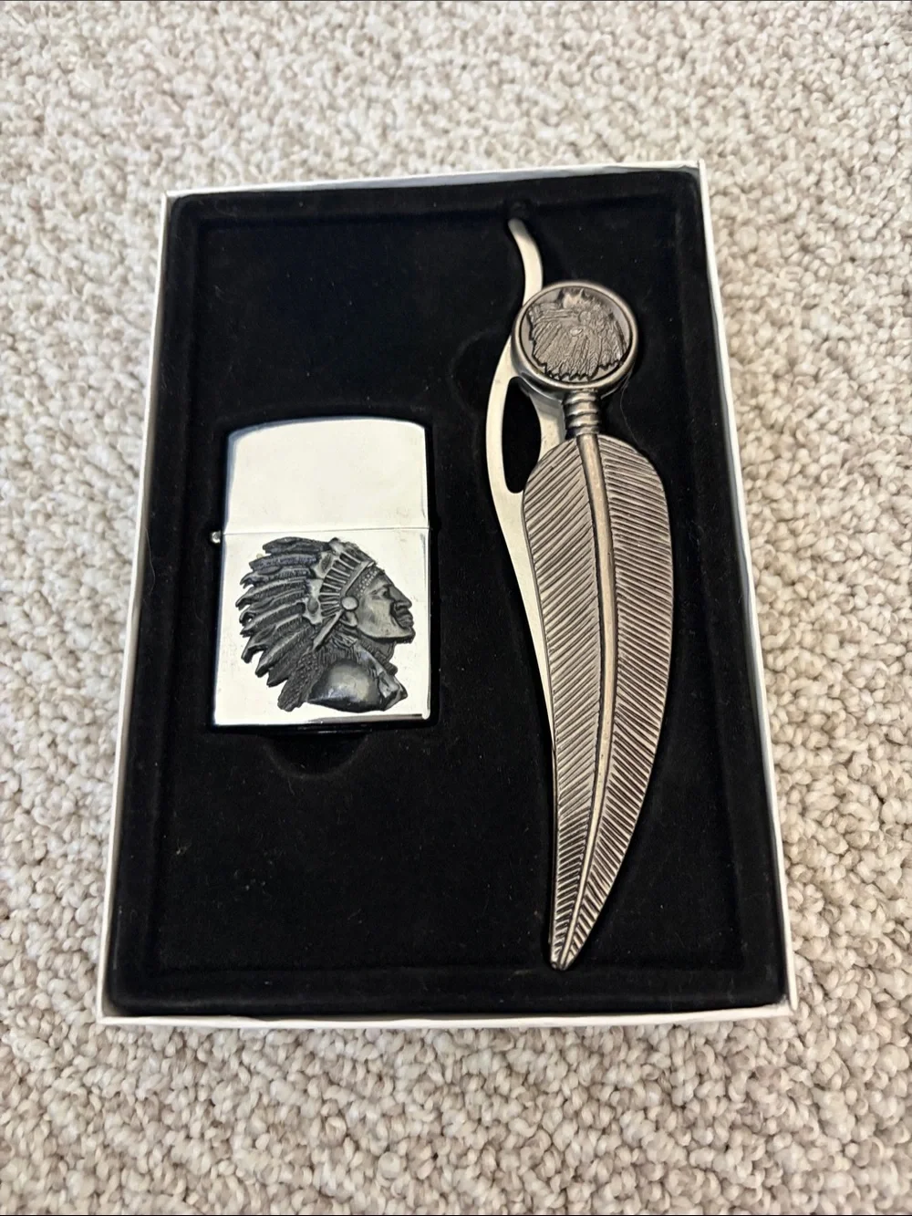 Silver Tone Feather Letter Opener/Knife & Lighter Gift Set